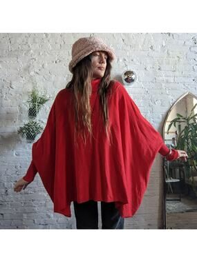 Retro Red Turtleneck Poncho Sweater Oversized Dolman Boho Grunge Cherry Large
